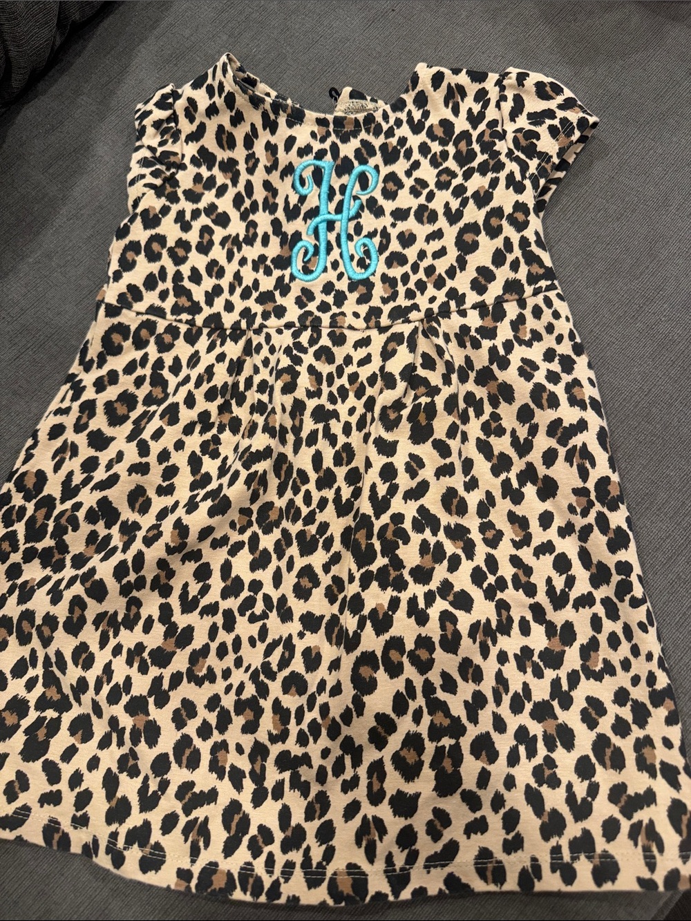 Leopard Print Girls Dress with Turquoise Monogram - H